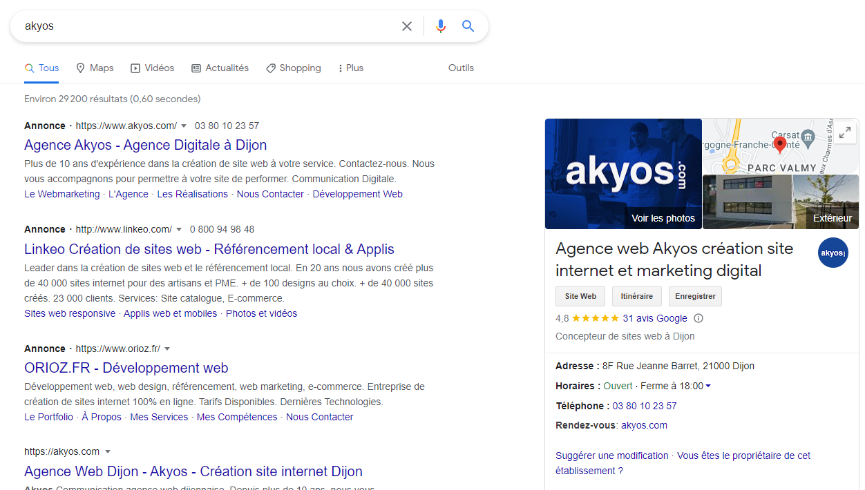Capture d’écran référencement local Akyos