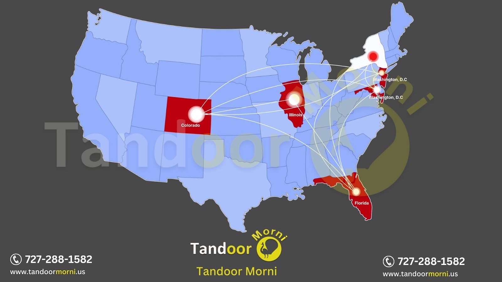 The pictures depict offices for Tandoor Morni in Colorado, New Jersey, Illinois, and Florida. New Jersey is quite close to New York, and Tandoor for Sale in New York is more dependable and faster to deliver.