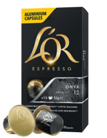 Cápsula de Café Espresso Onyx L'or, embalagem preta com detalhes em cinza