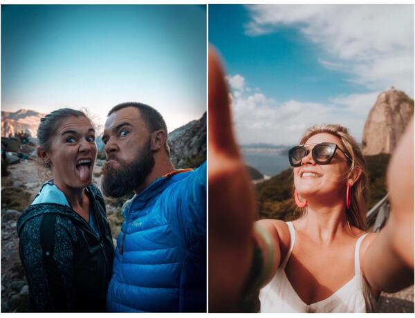 Montagem de duas fotos com pessoas tirando uma selfie