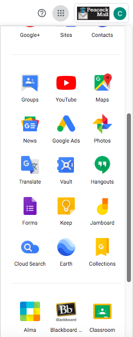 Google Apps Waffle Expanded showing Google Apps and Scrollbar with Blackboard icon at bottom