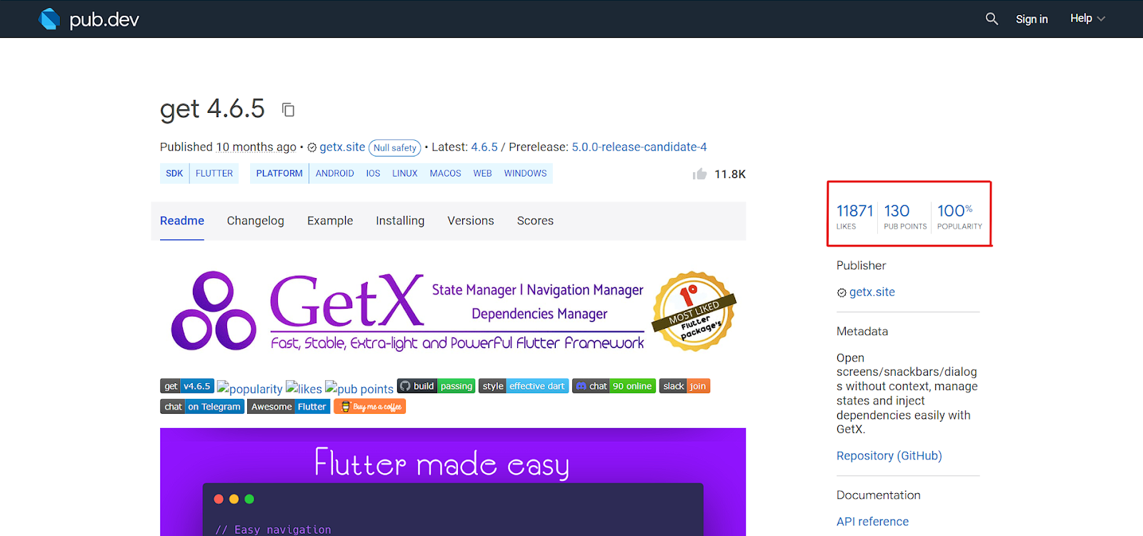 GetX Ratings on pub.dev in Flutter