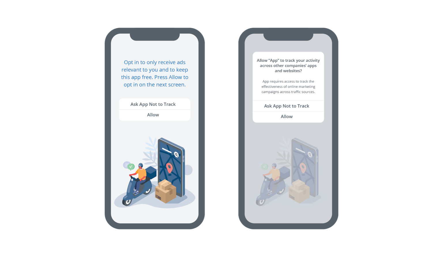 Two smartphones asking for permission to act of opting in App.