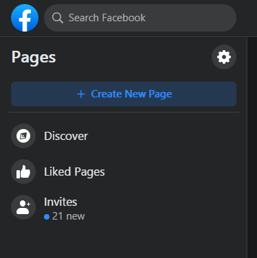 Example of Facebook Pages menu with Create New Page
