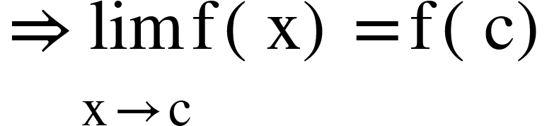 <math xmlns="http://www.w3.org/1998/Math/MathML"><mo>&#x21D2;</mo><munder><mi>lim</mi><mrow><mi mathvariant="normal">x</mi><mo>&#x2192;</mo><mi mathvariant="normal">c</mi></mrow></munder><mi mathvariant="normal">f</mi><mfenced><mi mathvariant="normal">x</mi></mfenced><mo>=</mo><mi mathvariant="normal">f</mi><mfenced><mi mathvariant="normal">c</mi></mfenced></math>