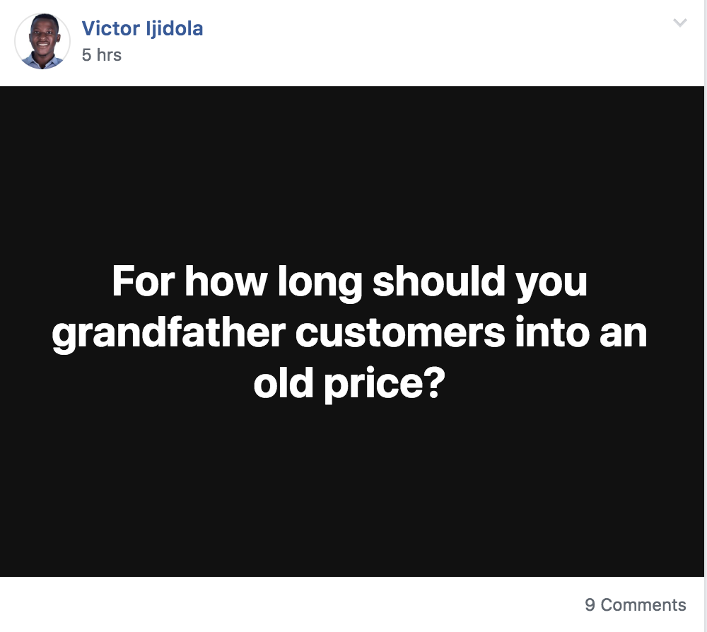 question to saas facebook group about grandfathering customers into current prices.