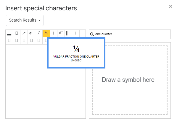 searching for one quarter in special characters in google docs