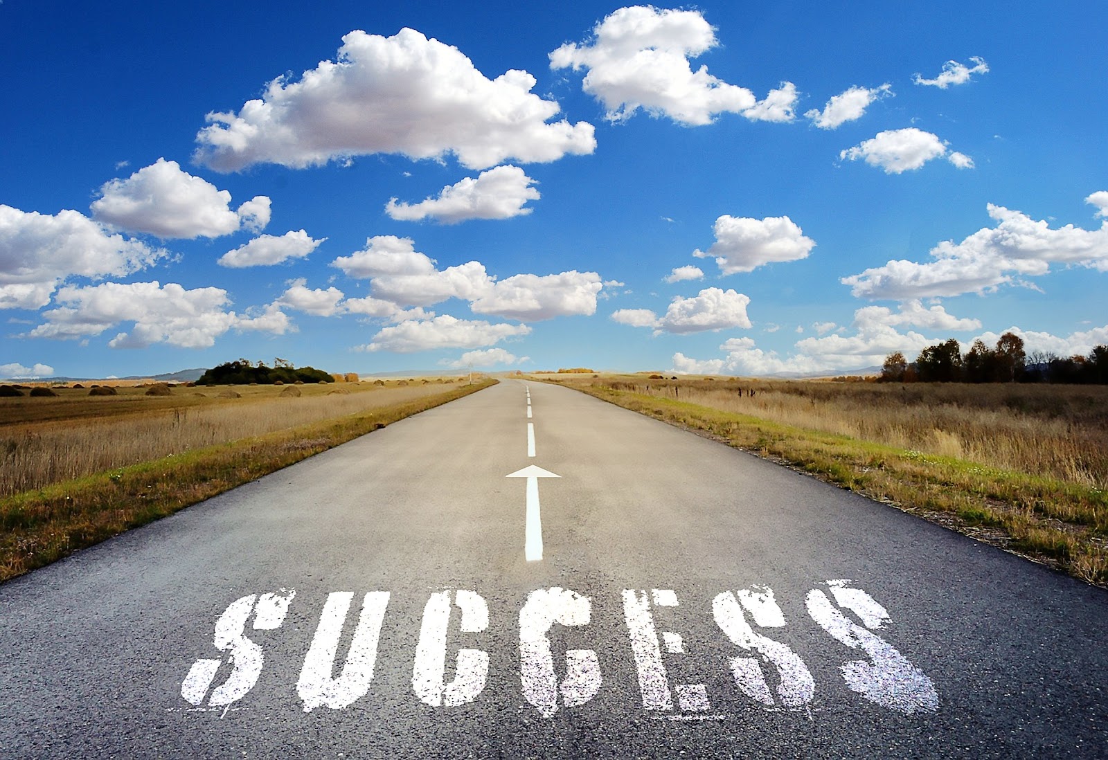 A picture of a blue sky with white scattered white clouds, with a straight road heading off into the distance, with the word 'success' written on the road.
