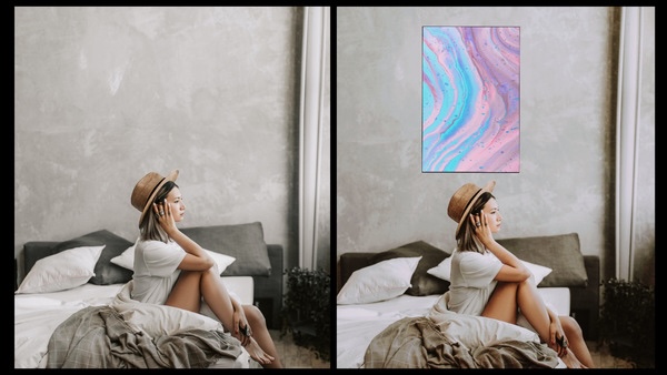 antes e depois da foto de um mulher quarto sendo que uma das fotos tem um quadro no quarto 