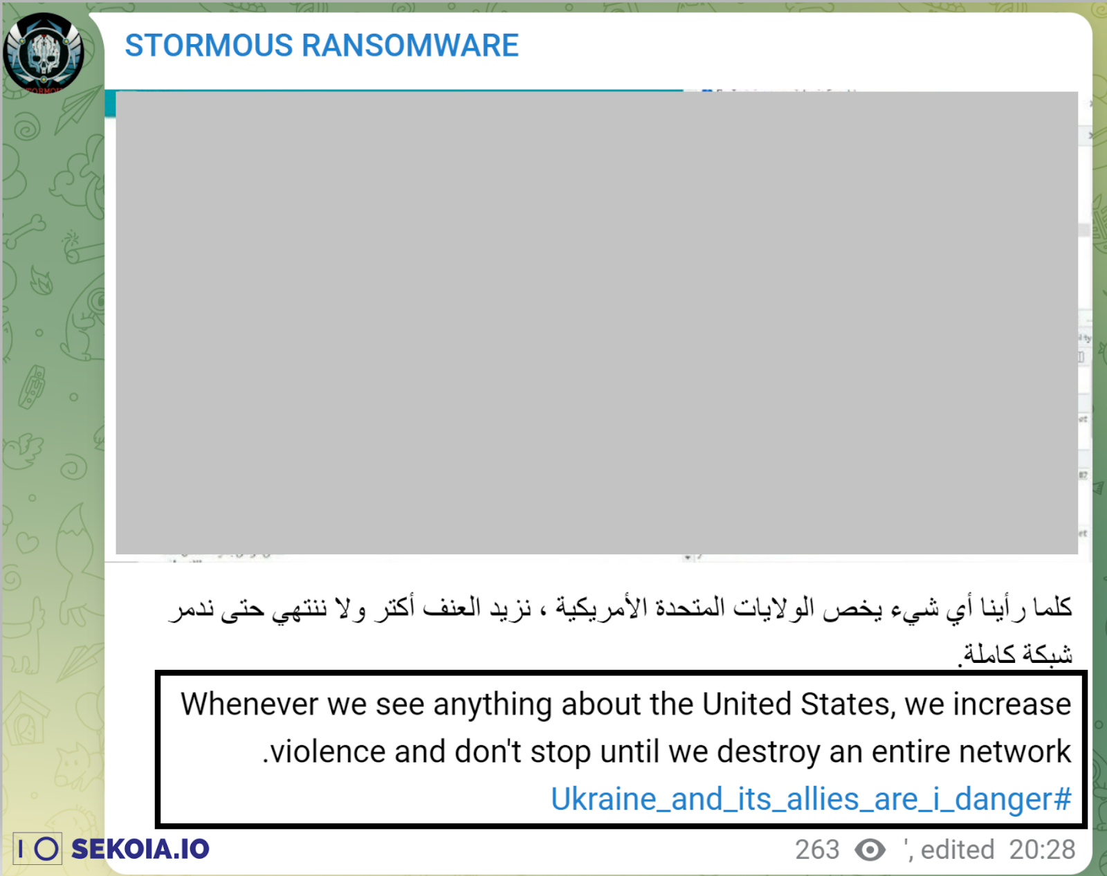 Annonces tumultueuses de Ransomware sur le compte Telegram du groupe.