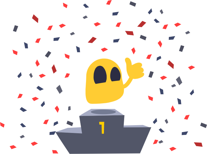Confetti falling over Ghostie at the center of a winner's podium with a number 1