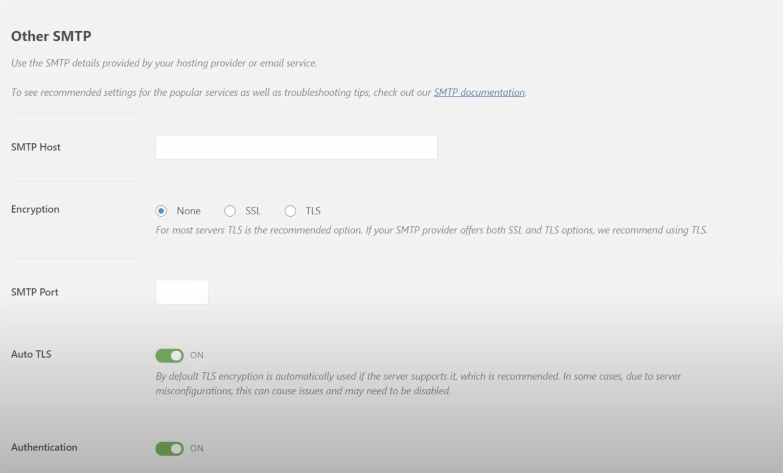 This image is showing the Other SMTP section in the WordPress settings