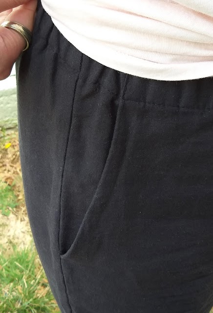 Close up of a side slash pocket in black linen pants.