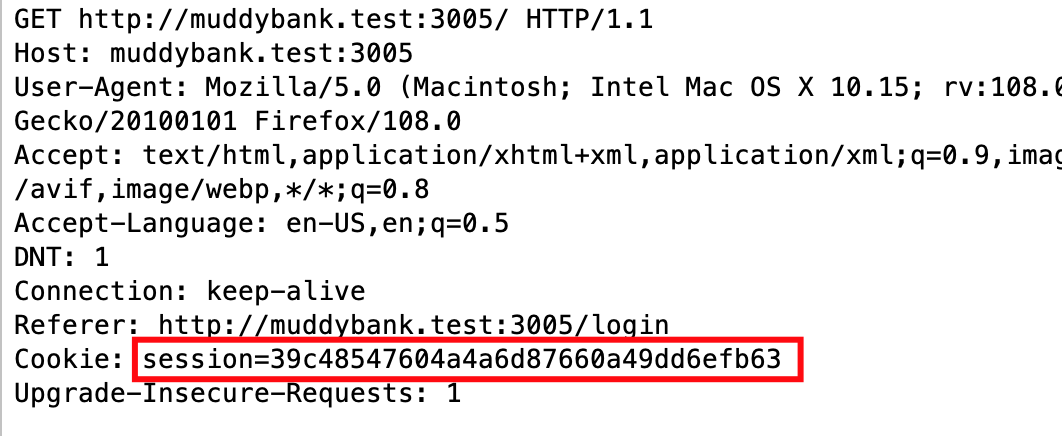 An HTTP request with the session cookie highlighted.