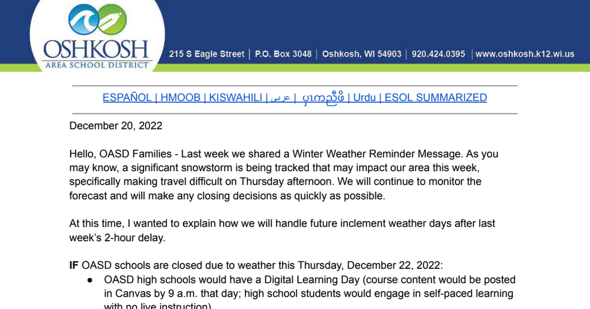 OASD Update 12.20.22 Monitoring Weather and Change in Plans for High