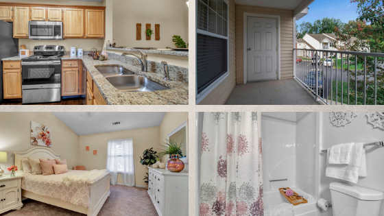 Collage of 4 interior views of kitchen, bedroom, bath and balcony at Renaissance Place Apartments in WNY