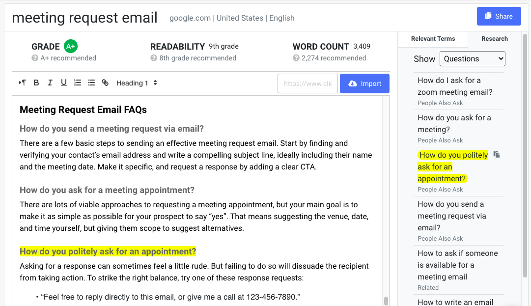 Content Editor report for "meeting request email" keyword