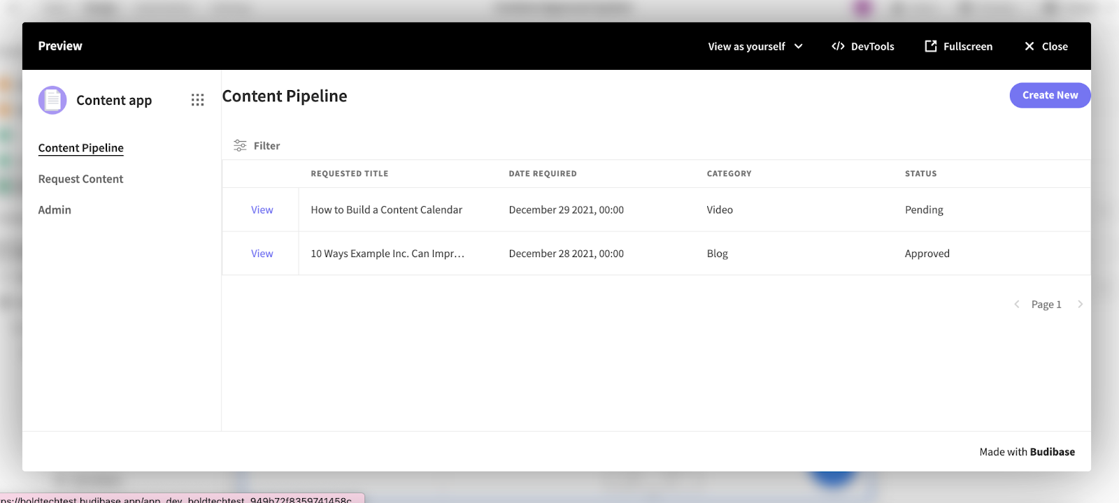 Content pipeline app in Budibase