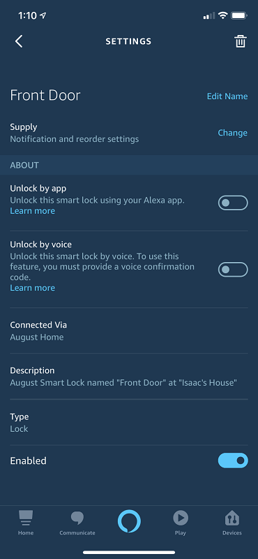 Alexa Door Lock Settings