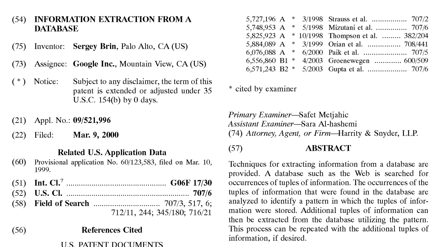 Sergey Brin's Patent Application that Information Extraction From a Database