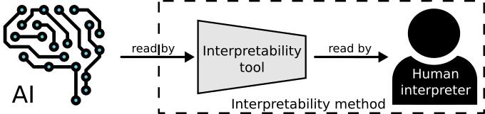 A simple model of information flow in interpretability. Information about an AI's representations is read by an interpretability tool, which is read in turn by a human interpreter. The interpretability tool together with the human interpreter form the 'interpretability method'. 