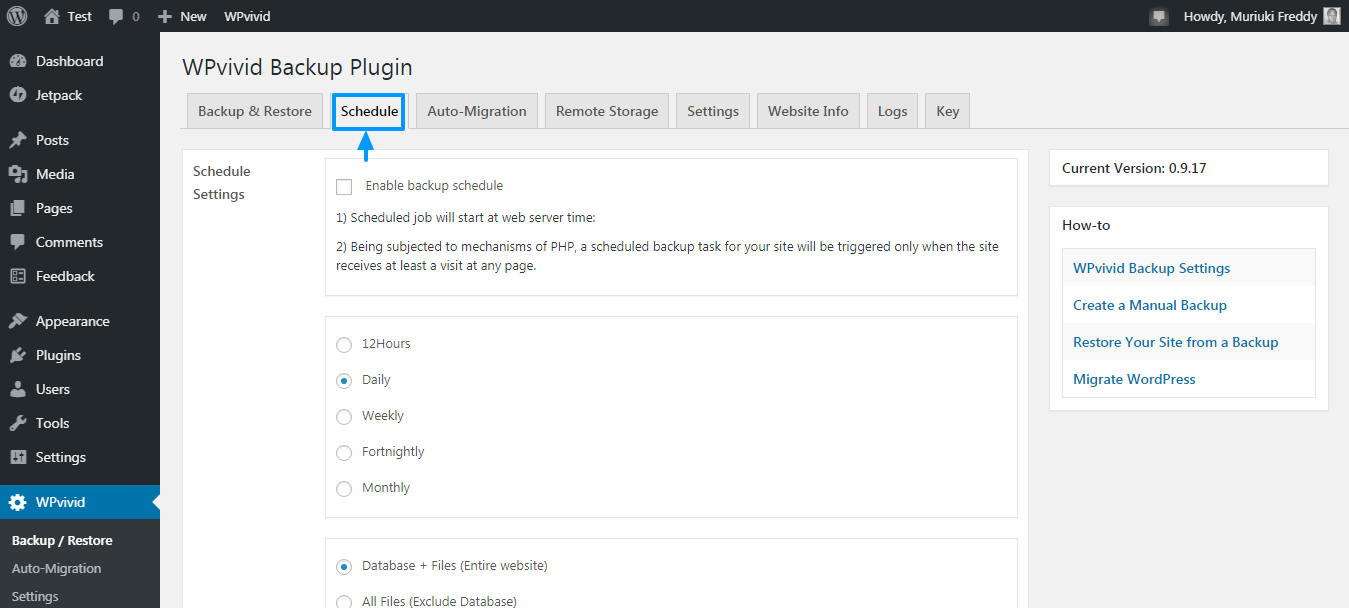 agendamento de backup wpvivid