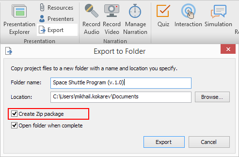 Cửa sổ thư mục iSpring Export to Folder. Tùy chọn 'Tạo gói Zip' đã được chọn.