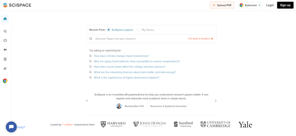 Scispace, homepage screenshot. Ai study tool
