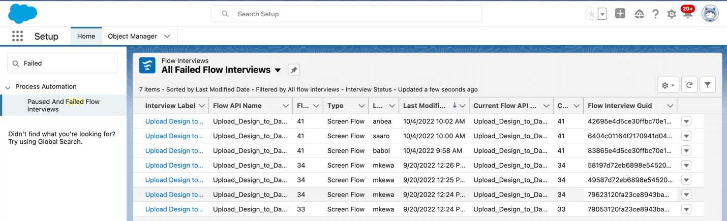 All Failed Flow Interviews under Salesforce Setup