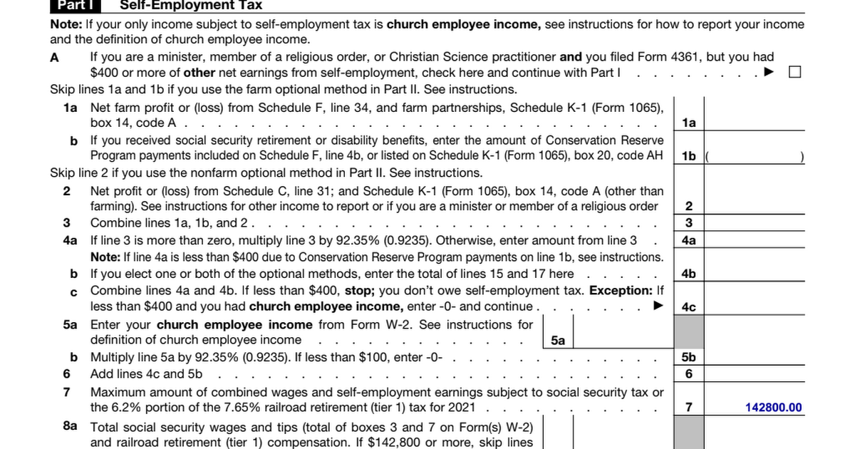 IRS Form 1040 Schedule SE (2021) SelfEmployment Tax