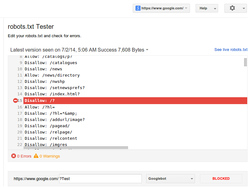 Ferramenta de teste do Google Webmaster Robots.txt
