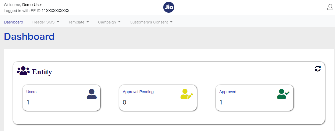 Jio DLT principal entity dashboard | SMSCountry