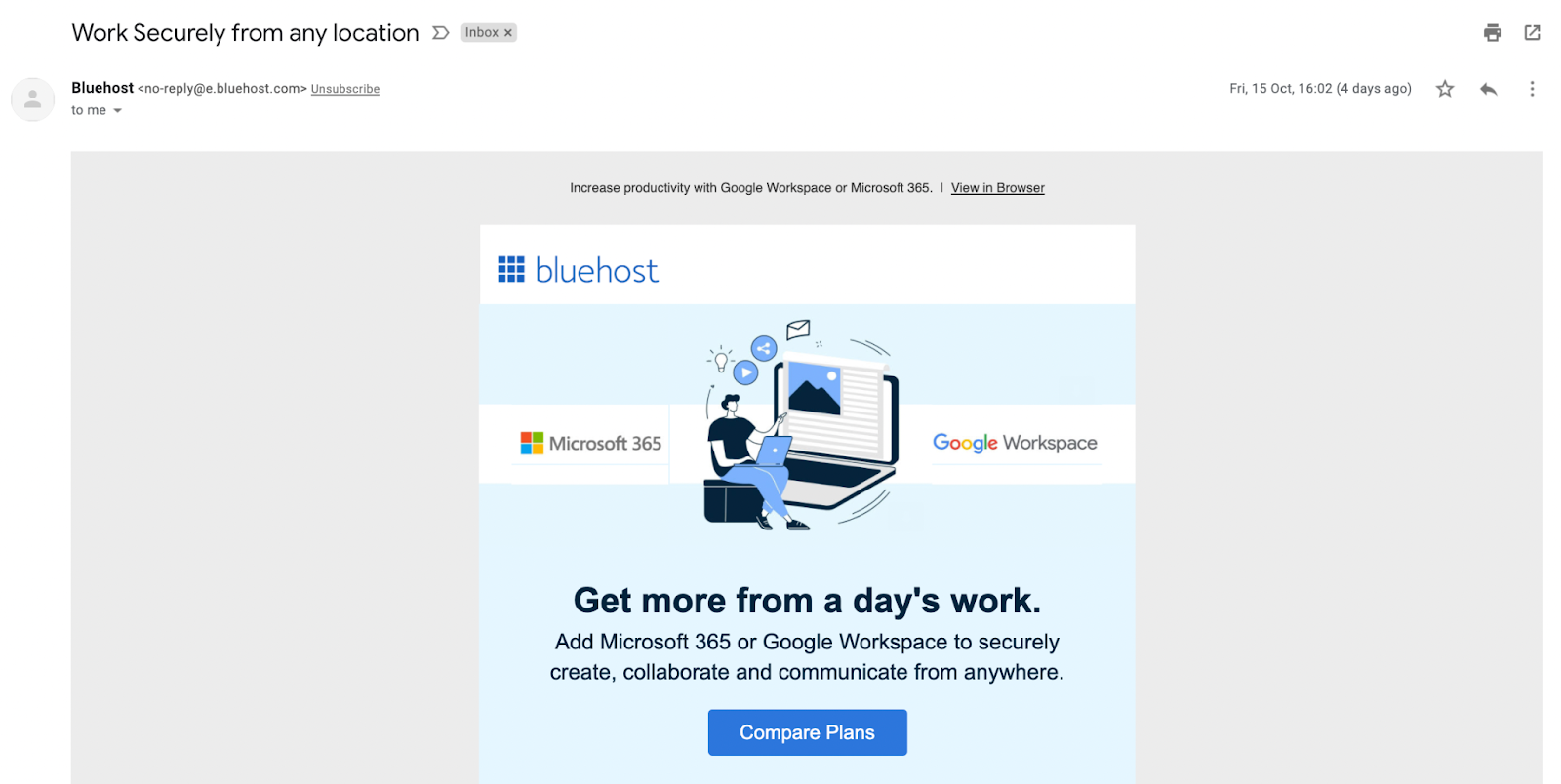 B2B Email Marketing Example From Bluehost