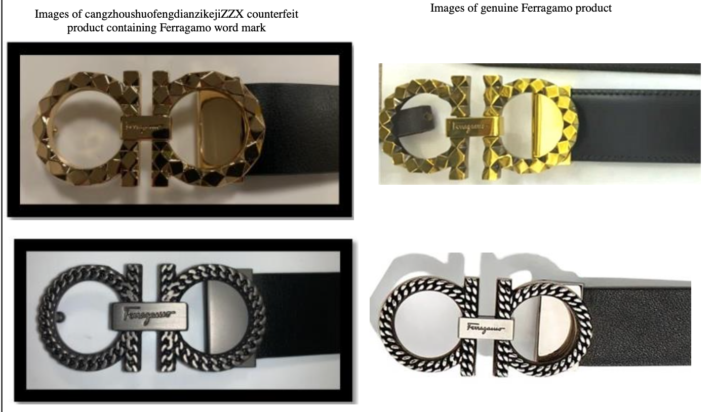 An image from the complain, showing four photographs taken of genuine and allegedly counterfeit products side-by-side. 