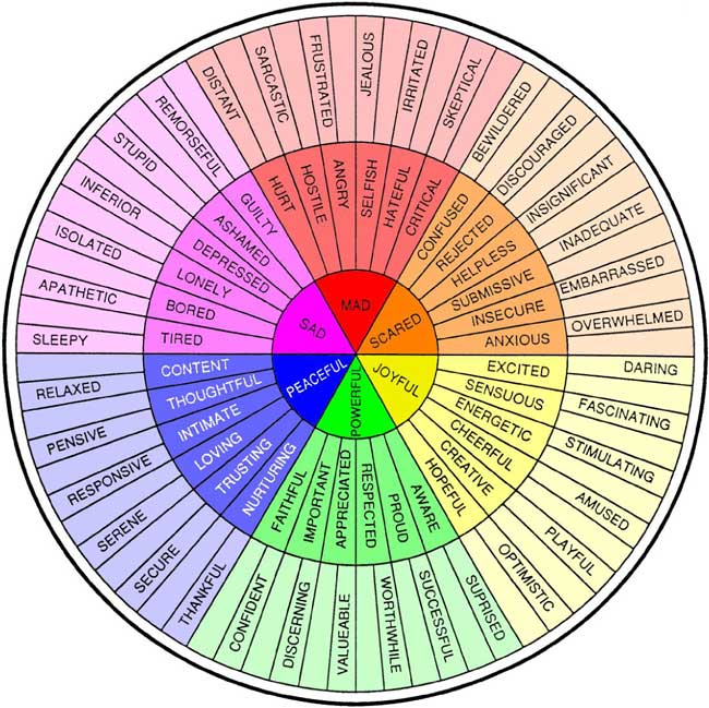 A color wheel that names emotions and feelings starting from the center with broad emotions (Mad, Sad, Peaceful, Powerful, Joyful, and Scare) and branching out in to increasing levels of specificity {Joyful can be creative which can also be playful)] 