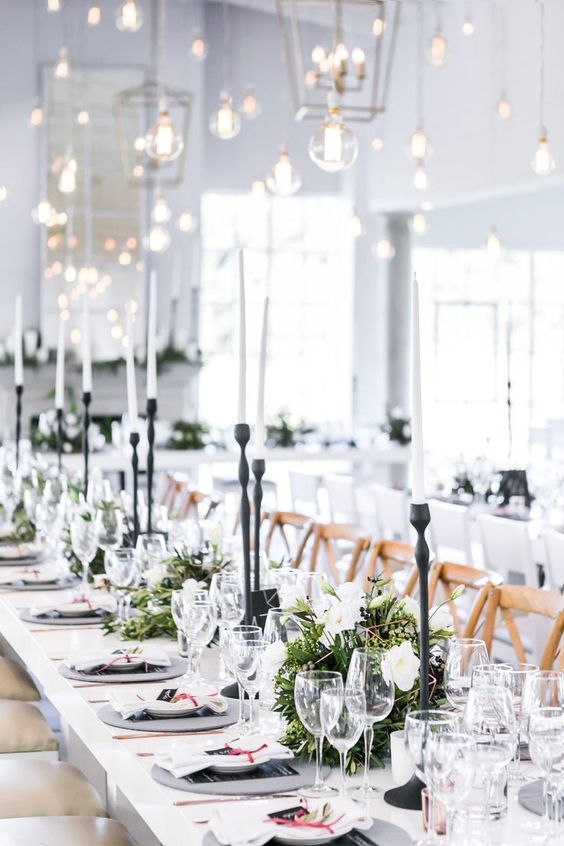 monochrome wedding reception table for winter wedding