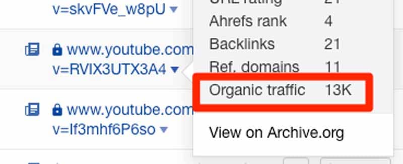Trouver le trafic organique de chaque video YouTube