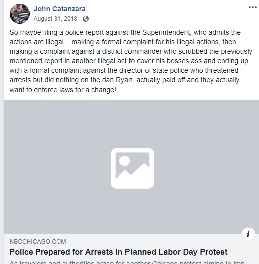 Facebook post by Catanzara with link to reporting abut police planning for arrests in a Labor Day Protest