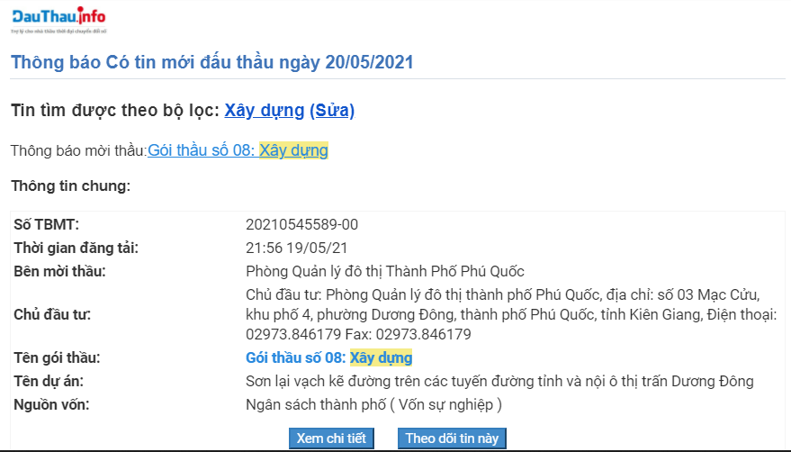 Thông tin gói thầu được gửi về email cá nhân