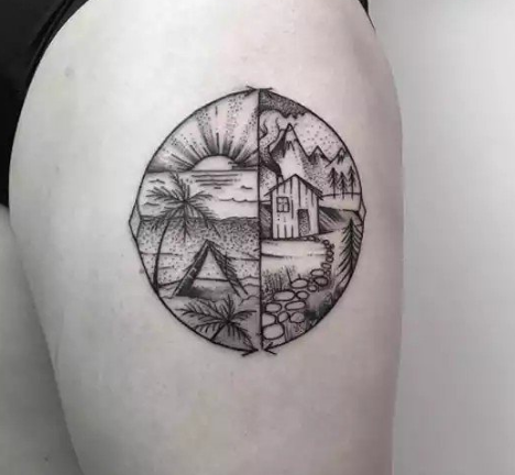 Two Side Landscape Beach & House Tattoo 