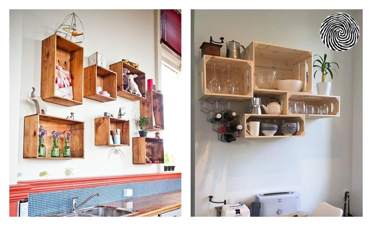 Wooden crates as shelves in the kitchen