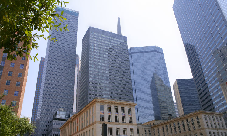 A scene you may see from street level as you move to downtown Dallas. Skyscrapers stretch overhead on a clear day.