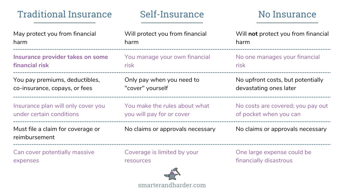 traditional insurance vs. self-insurance vs. no insurance comparison graphic