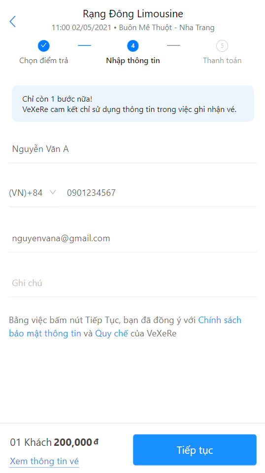 Chọn giờ, chọn chỗ, điểm đón/trả và điền đầy đủ thông tin.