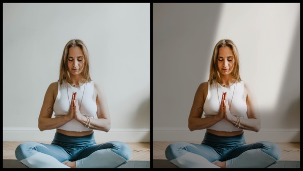 Montagem de duas fotos usando a mesma mulher com roupas de exercício e meditando em casa. Foto 1 sem edições e foto 2 usando o Filtro Golden. 