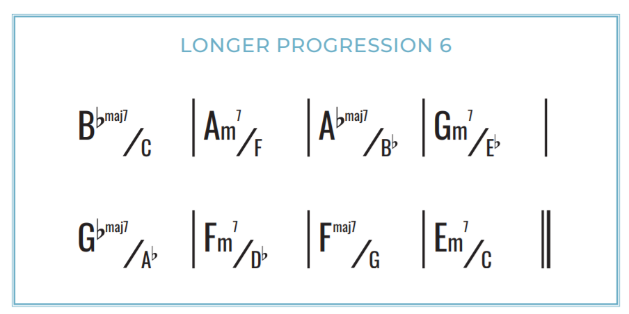 Longer Progression: Bbmaj7/C , Am7/F, Abmaj7/Bb, Gm7/Eb, Gbmaj7/Ab, Fm7/Db, Fmaj/G, Em7/C