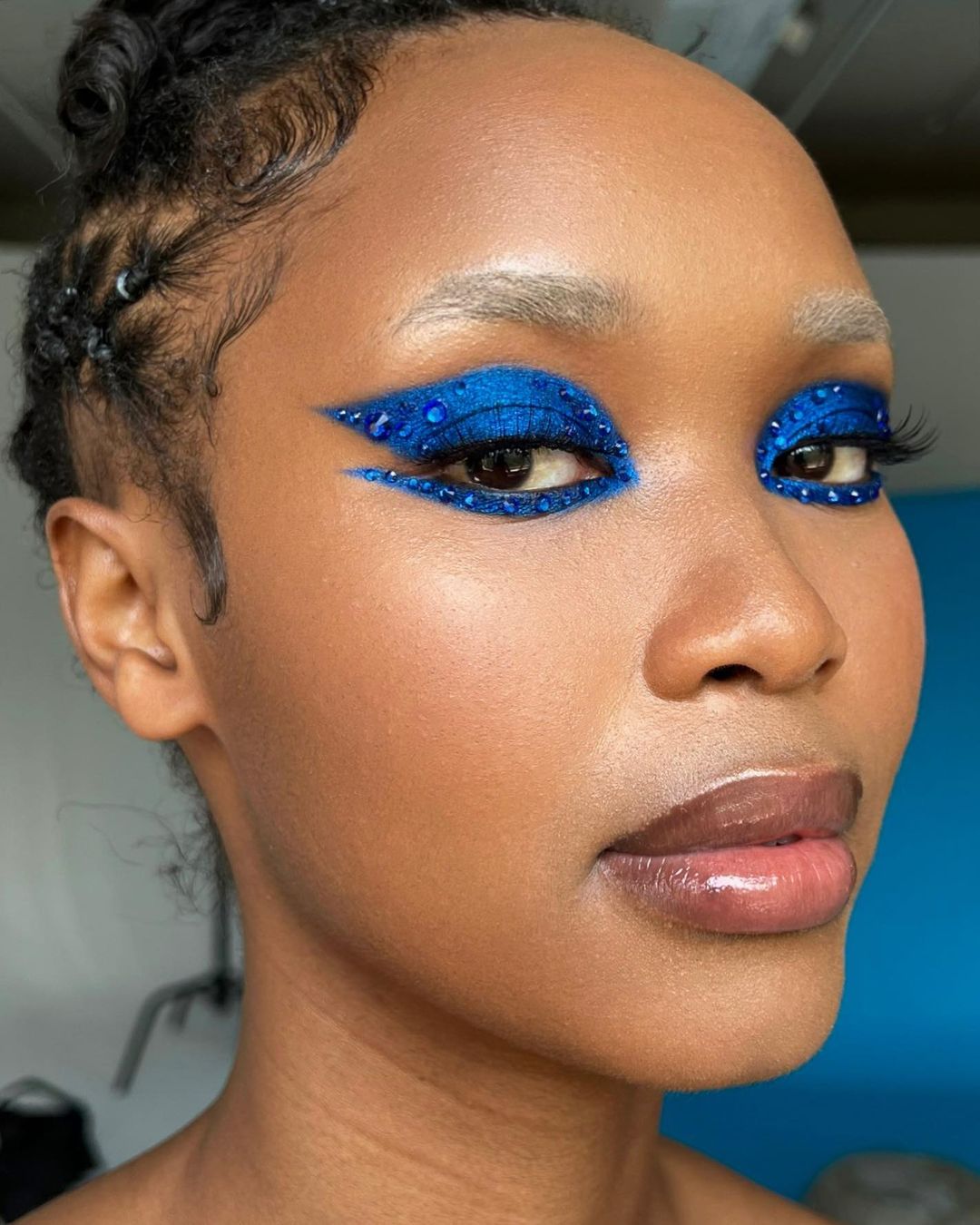 Blue Eyeshadow with Blue Rhinestones Makeup
