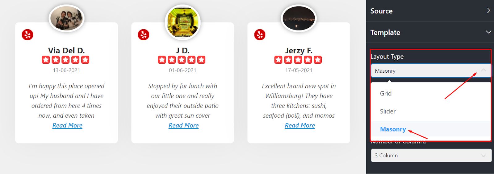 Yelp reviews layout type