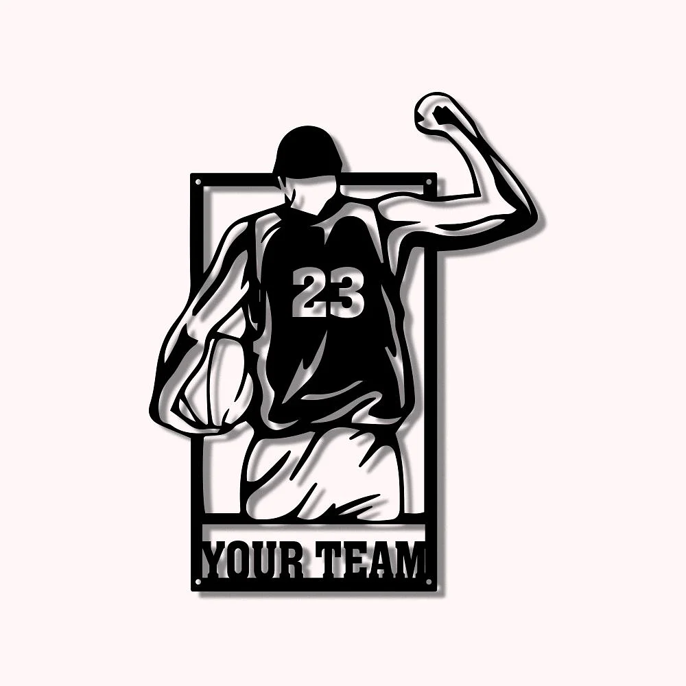 décoration murale en métal noir, présentant un basketteur de dos, avec personnalisation du nom de l’équipe et du numéro de maillot. 