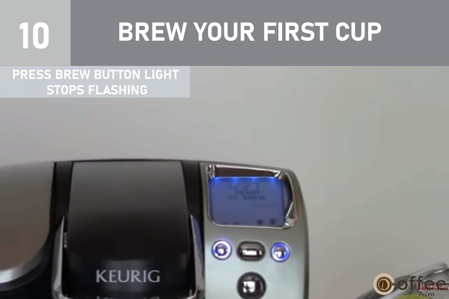 After selecting your desired serving size, press the BREW Button. The flashing light on the BREW Button will stop, and the Left and Right Buttons will no longer be lit, while the icons of the chosen brew size will remain After selecting your desired serving size, press the BREW Button. The flashing light on the BREW Button will stop, and the Left and Right Buttons will no longer be lit, while the icons of the chosen brew size will remain illuminated.